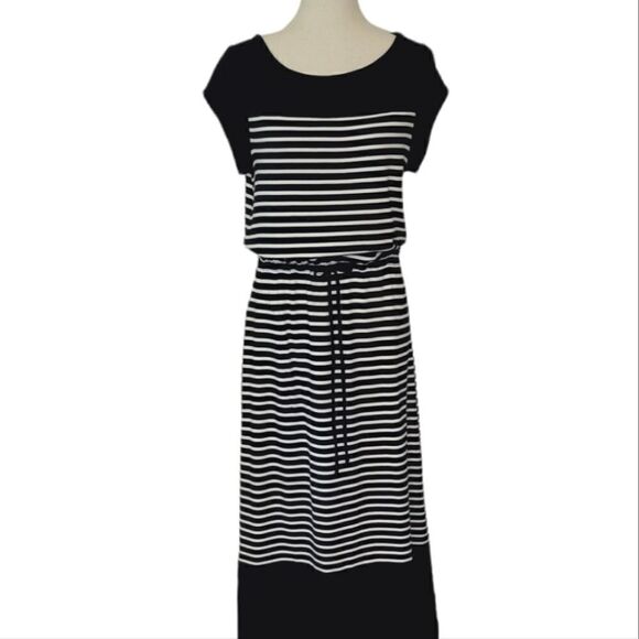 Talbots Navy Blue Striped Cap Sleeve Drawstring Side Slit Maxi Dress Size LP - Picture 1 of 11
